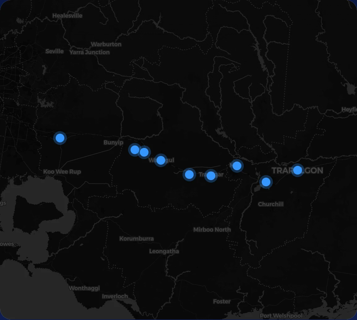Map of West & Central Gippsland marking the nine towns Advanced Commercial Cleaning services along the Princes Highway: Pakenham, Drouin, Longwarry, Warragul, Yarragon, Trafalgar, Moe, Morwell and Traralgon.